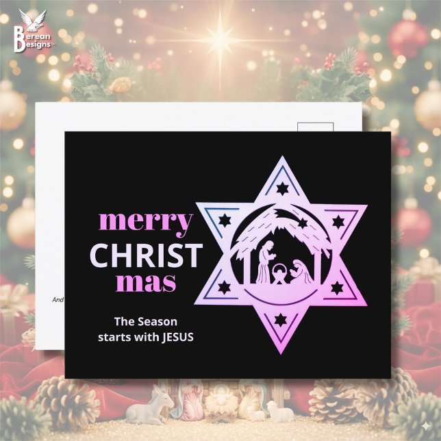 Cartão Postal De Festividades Cristão Moderno Natividade Natal (Stylish black/pink Christian Christmas Nativity postcard w/ customizable text for coworkers/friends)