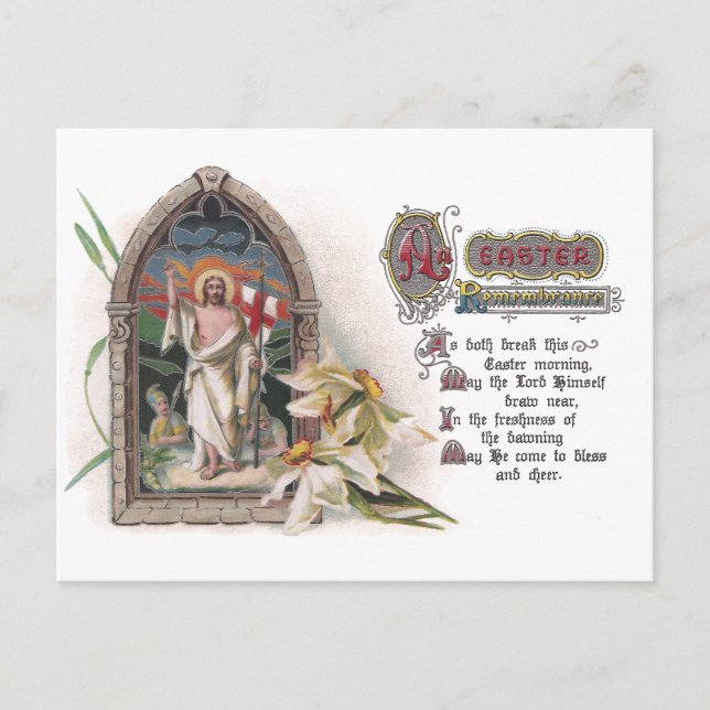 Cartão Postal De Festividades Cristo na Janela da Igreja de Páscoa com Narciso (Frente)