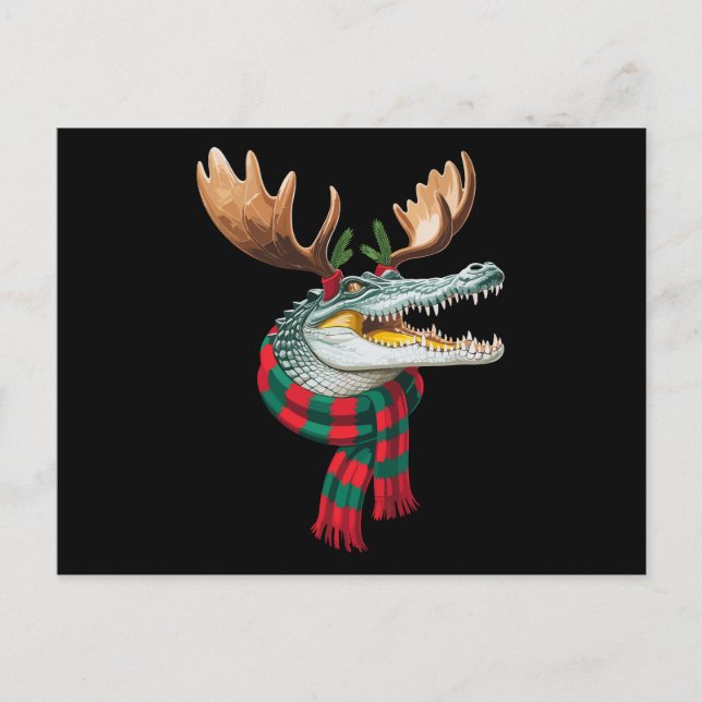 Cartão Postal De Festividades Crocodilo De Natal Chifres De Renas Cachecol Feria (Frente)
