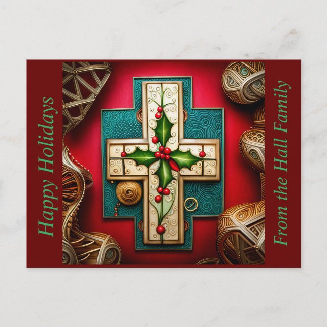 Cartão Postal De Festividades Cruz com Holly Seasonal Card (Frente)