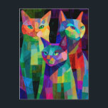 Cartão Postal De Festividades Cubist Cat Sentinels<br><div class="desc">This striking illustration captures the quiet intensity of three upright cats, rendered in a bold cubist style that feels both retro and refreshingly modern. Their forms are constructed from layered rectangles and sharp polygons, giving each figure a geometric rhythm that draws the eye and invites closer inspection. Set against a...</div>
