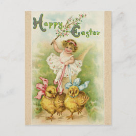 Cartão Postal De Festividades Cumprimentos antigos da menina & dos pintinhos da