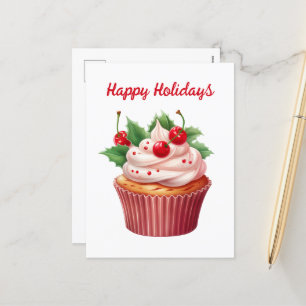 Cartão Postal De Festividades Cupcake de Natal com Aquarela adicionar texto Feri