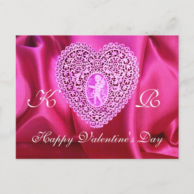 Cartão Postal De Festividades CUPID LACE HEART SILK FUCHSIA CLOTH , Violeta rosa (Frente)