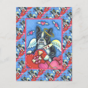 CARTÃO POSTAL DE FESTIVIDADES CUPIDO DO TERRIER DO BOSTON, NAMORADOS DE CACHORRO