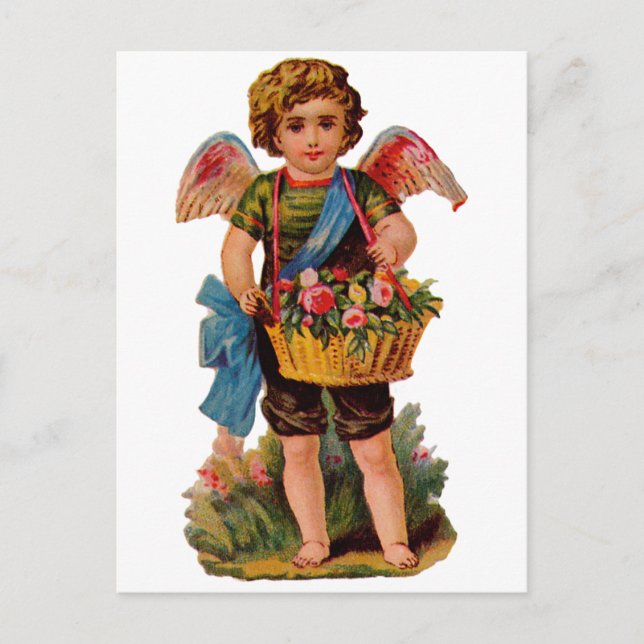 Cartão Postal De Festividades Cupido Namorados Movido Antigo Com Rosas (Frente)