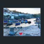 Cartão Postal De Festividades Custom Heart Coverack Harbour Dusk Cornwall Photo<br><div class="desc">Customisable photos of Cornwall’s beauty, this one of Coverack's beautiful fishing harbour on the Lizard Peninsula on Cornwall's South Coast at sundown. Colourful boats are moored in the harbour, overlooked by the old fishermen's thatched houses that still watch over the harbour, the scene sudued by the light at the blue...</div>