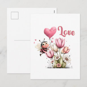Cartão Postal De Festividades Cute Bee Amor Coração & Floral 
