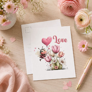 Cartão Postal De Festividades Cute Bee Amor Coração & Floral
