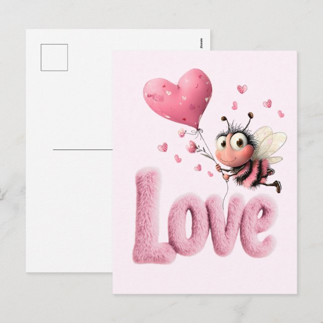 Cartão Postal De Festividades Cute Bee Fluffy Pink Love Heart Balloon Design (Frente/Verso)