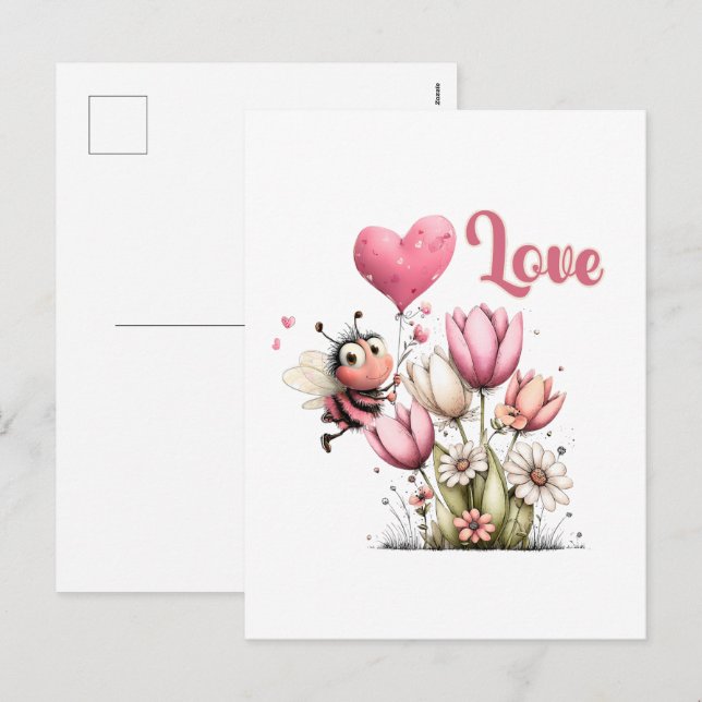 Cartão Postal De Festividades Cute Bee Love Heart & Floral  (Frente/Verso)
