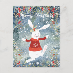 Cartão Postal De Festividades cute bunny christmas holiday card berries