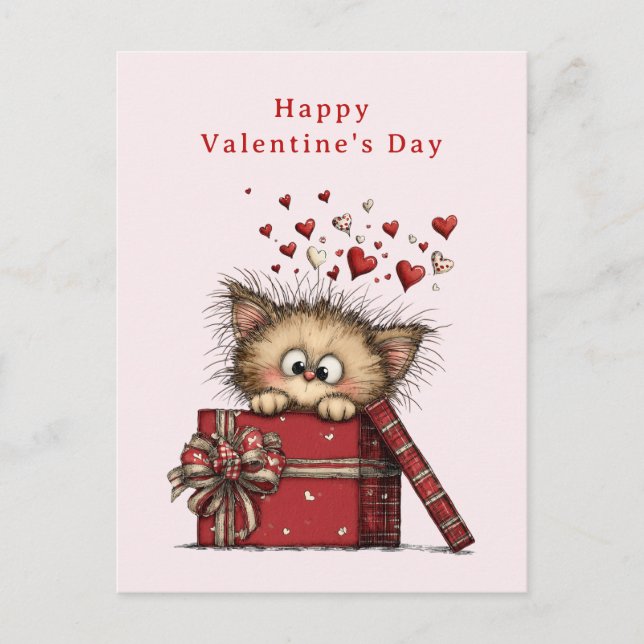 Cartão Postal De Festividades Cute Cartoon Kitten with Hearts Valentine's Day (Frente)