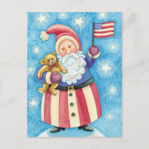 Cartão Postal De Festividades Cute Christmas, Patriotic Santa Claus with Flag