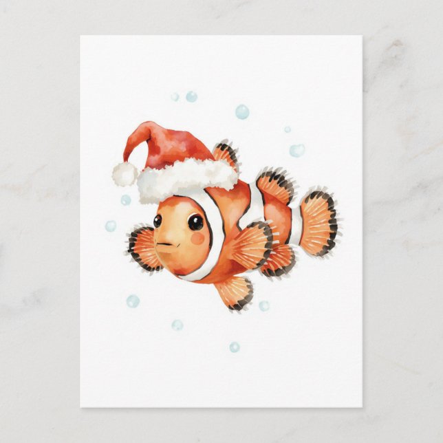 Cartão Postal De Festividades Cute Clownfish in Santa Hat Xmas (Frente)
