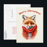 Cartão Postal De Festividades Cute Fox in a Red Scarf Autumn Image<br><div class="desc">Christmas postcard with an adorable illustration featuring a cute little red fox face 
with a red scarf wrapped around his neck.</div>