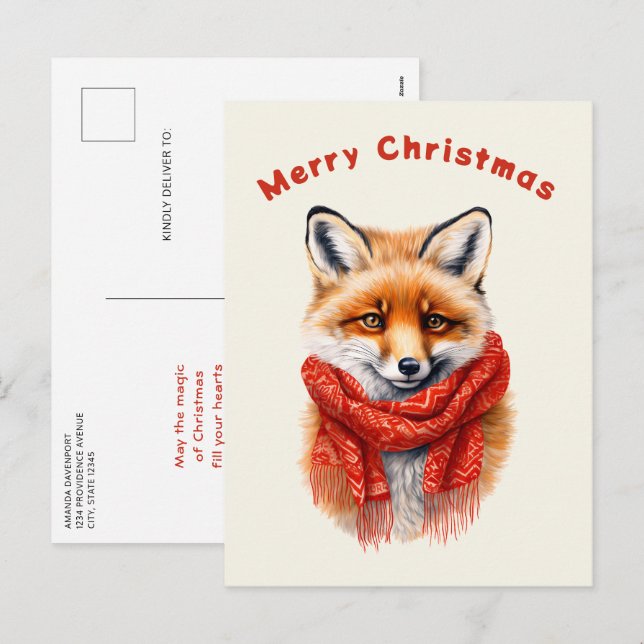 Cartão Postal De Festividades Cute Fox in a Red Scarf Autumn Image (Frente/Verso)