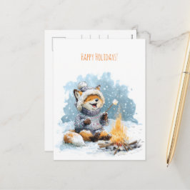Cartão Postal De Festividades Cute fox in warm sweater roasting marshmallows,