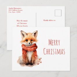 Cartão Postal De Festividades Cute Fox Pup in a Red Scarf Christmas