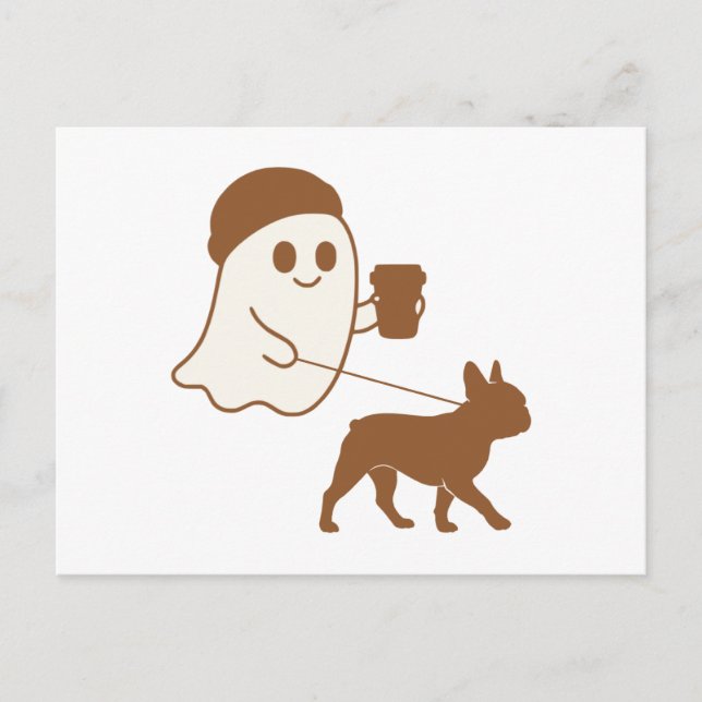 Cartão Postal De Festividades Cute Ghost Walking Frenchie (Frente)