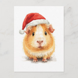 Cartão Postal De Festividades Cute Guinea Pig in Santa Hat Watercolor