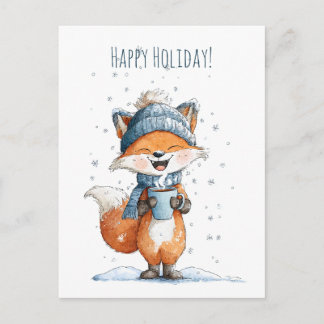 Cartão Postal De Festividades Cute little fox enjoying a warm drink