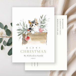Cartão Postal De Festividades Cute Modern Watercolor Meowy Caixa de Natal Gato