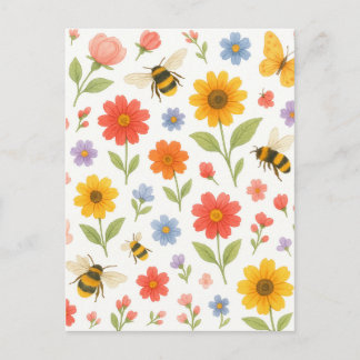 Cartão Postal De Festividades Cute Pastel Flowers Bumblebee Garden Post Card