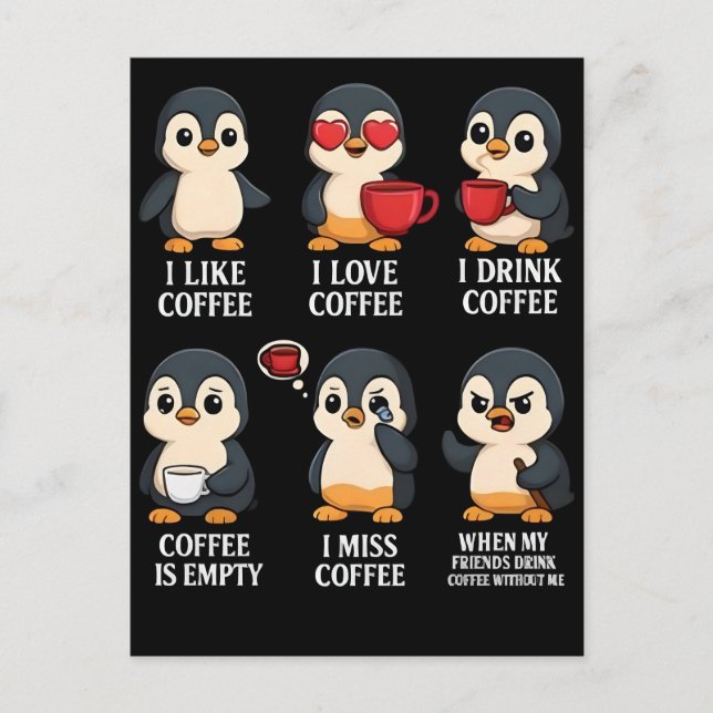 Cartão Postal De Festividades Cute Penguin Coffee Lover Emotional Cartoon Design (Frente)