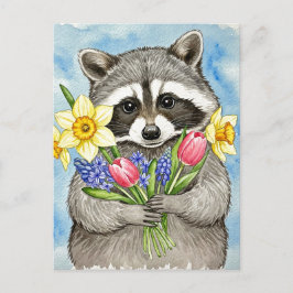 Cartão Postal De Festividades Cute Raccoon with Spring Flowers Postcard