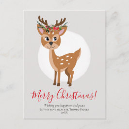 Cartão Postal De Festividades Cute Reindeer Floral Christmas Wreath Family