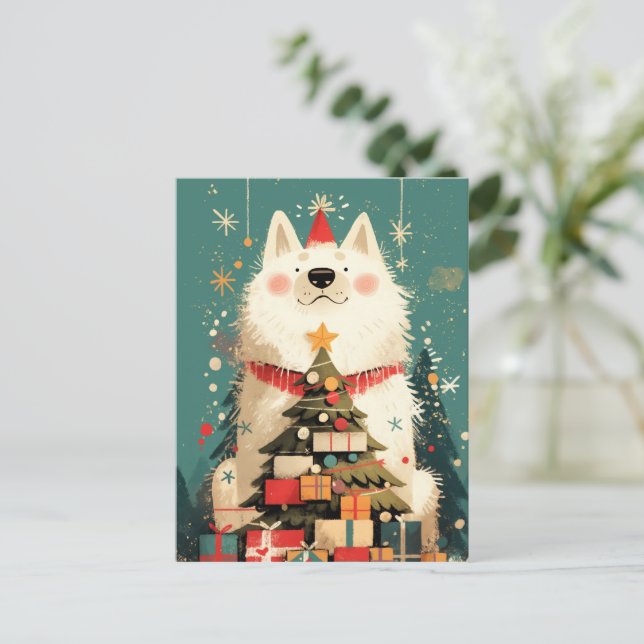 Cartão Postal De Festividades Cute Samoyed dog with Christmas (Em pé/Frente)