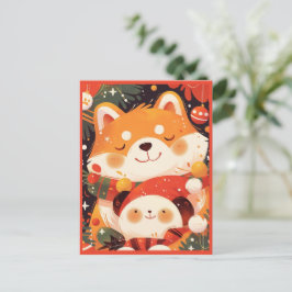 Cartão Postal De Festividades Cute Shiba Inu Hugging Panda Plush