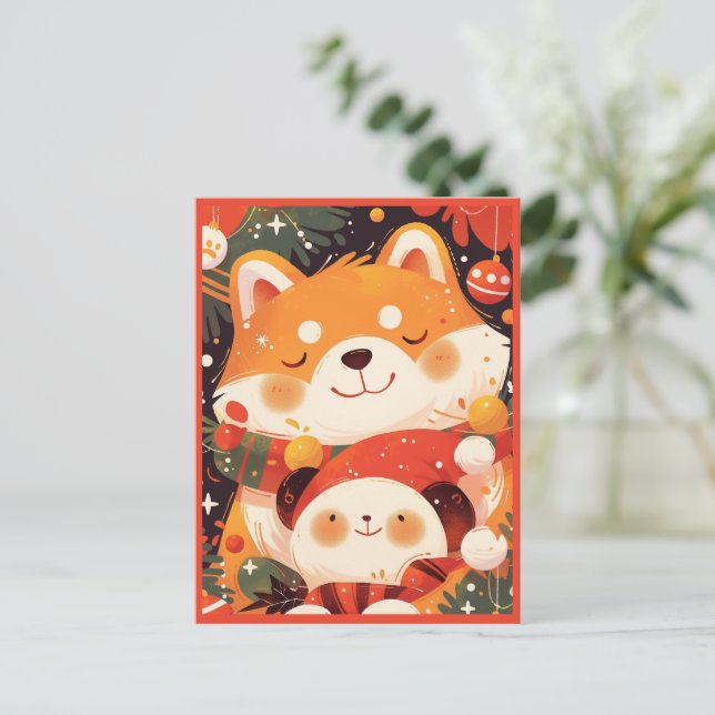 Cartão Postal De Festividades Cute Shiba Inu Hugging Panda Plush (Em pé/Frente)