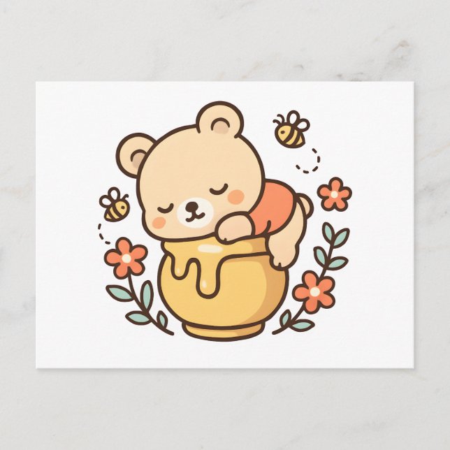 Cartão Postal De Festividades Cute Sleeping Bear Honey Pot Kawaii Design (Frente)
