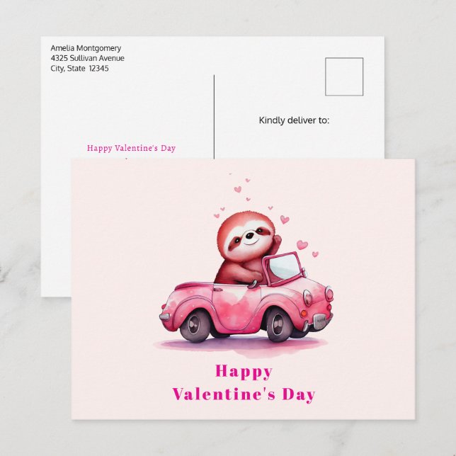 Cartão Postal De Festividades Cute Sloth in a Pink Convertible Valentine's Day (Frente/Verso)