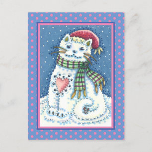 CARTÃO POSTAL DE FESTIVIDADES CUTE SNOWMAN KITTEN, SNOWFLAKES CAT AND MOUSE