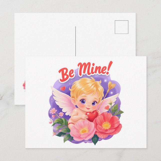 Cartão Postal De Festividades Cute Valentine's Day Cupid with "Be Mine" (Frente/Verso)