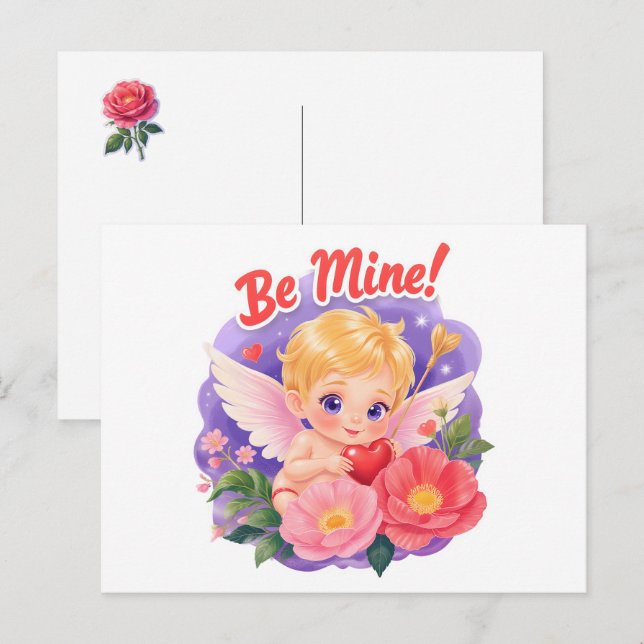Cartão Postal De Festividades Cute Valentine's Day Cupid with "Be Mine" (Frente/Verso)