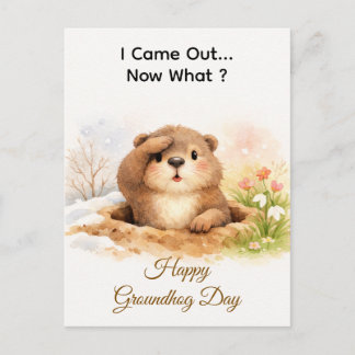 Cartão Postal De Festividades Cute Watercolor Groundhog Popping Out Of Hole