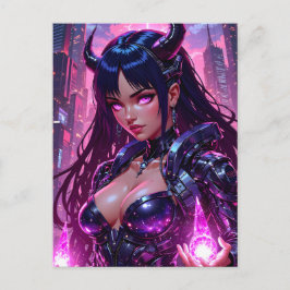 Cartão Postal De Festividades Cyberpunk Demon Girl Neon City Halloween