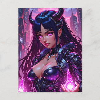 Cartão Postal De Festividades Cyberpunk Demon Girl Neon City Halloween