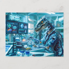 Cartão Postal De Festividades Cyborg Dinosaur em uma estação de trabalho de alta