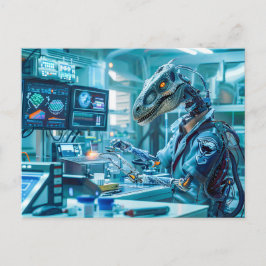 Cartão Postal De Festividades Cyborg Dinosaur em uma estação de trabalho de alta