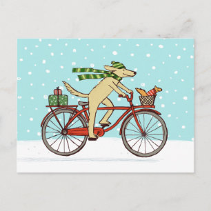 Cartão Postal De Festividades Cycling Dog and Squirrel Whimsical Winter Holiday