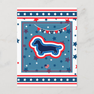 Cartão Postal De Festividades Dachshund Patriótico Vermelho Branco e Azul 4 de j