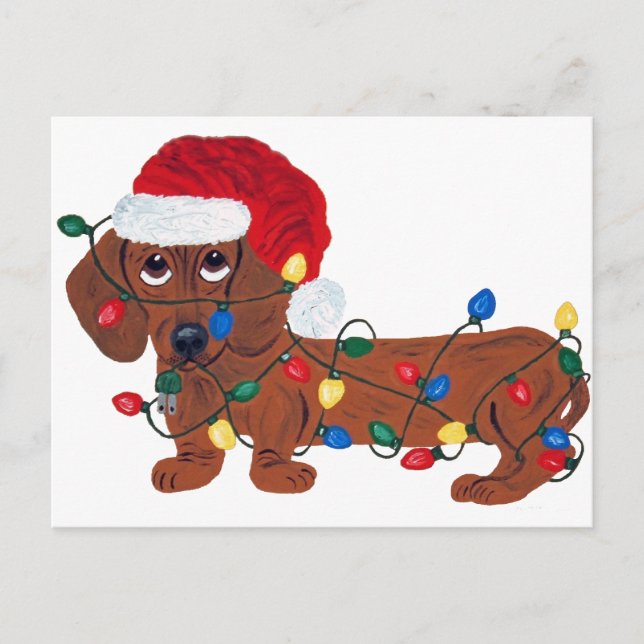 Cartão Postal De Festividades Dachshund Tangido Em Luzes De Natal (Vermelho) (Frente)