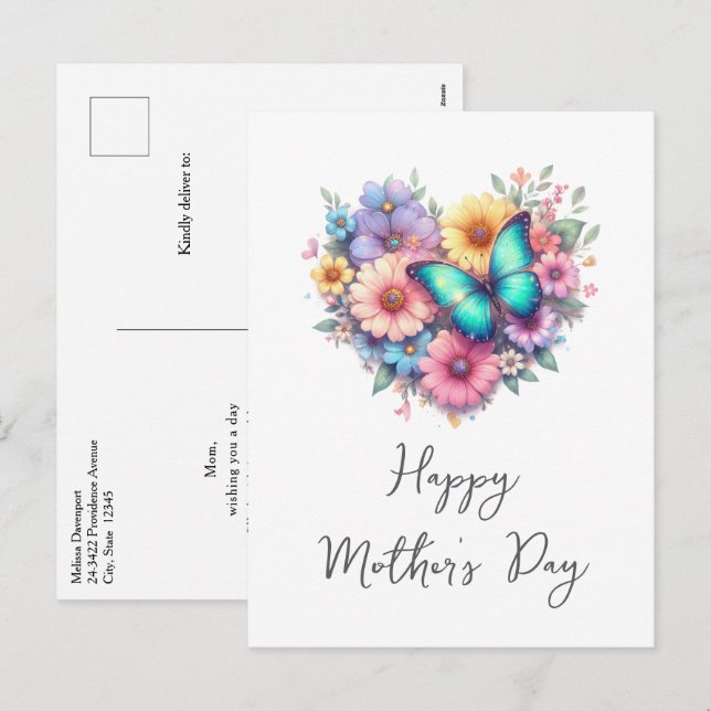 Cartão Postal De Festividades Daisy Flowers with a Blue Butterfly Mother's Day (Frente/Verso)