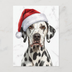 Cartão Postal De Festividades Dálmata com Chapéu de Papai Noel Natal em Aquarela