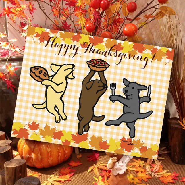 Cartão Postal De Festividades Dança Labrador Trio Ação de Graças (Dancing Labradors Trio Thanksgiving Postcard for Labrador Owners.  Cute three dogs cartoon design. )